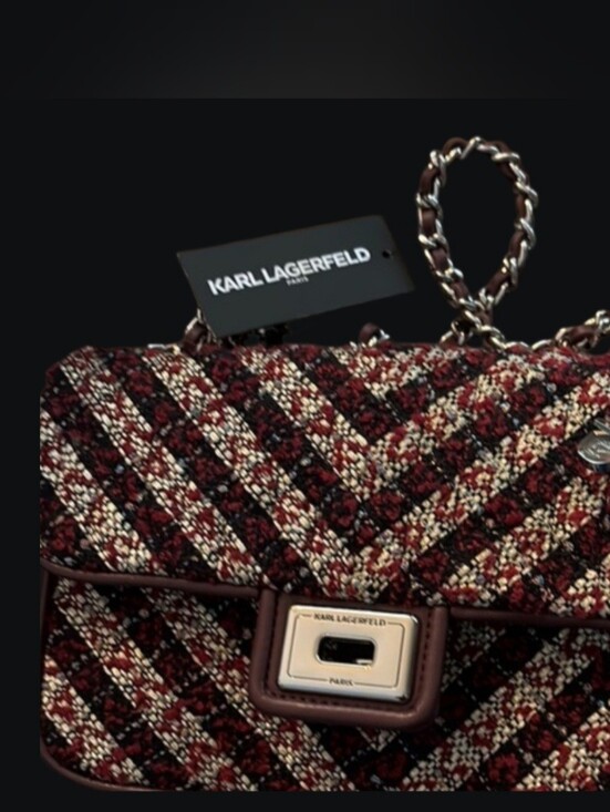Karl Lagerfeld Handbags - Karl Lagerfeld Burgundy Tweed Chain Shoulder Bag with Silver Hardware